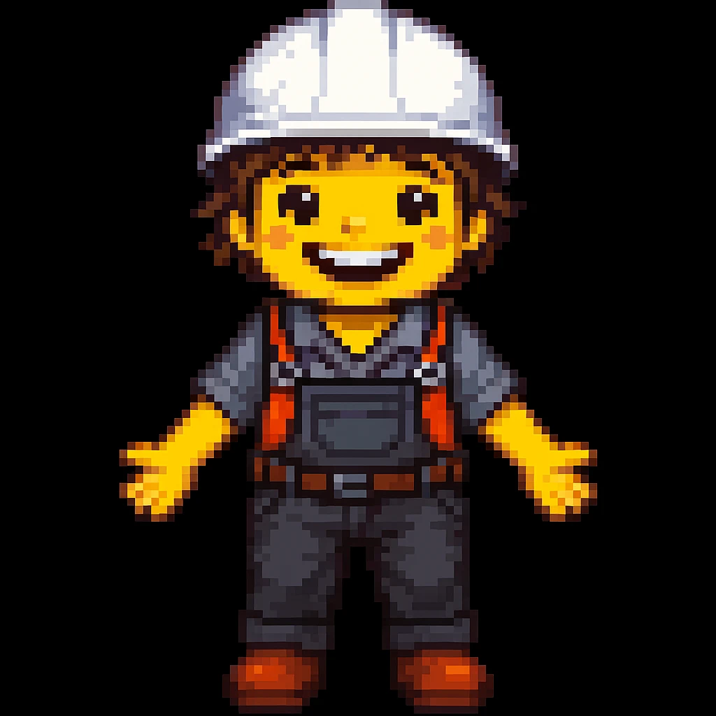 make the construction worker look happy, with a big smile, bright eyes, and cheerful posture in pixel-art style emoji