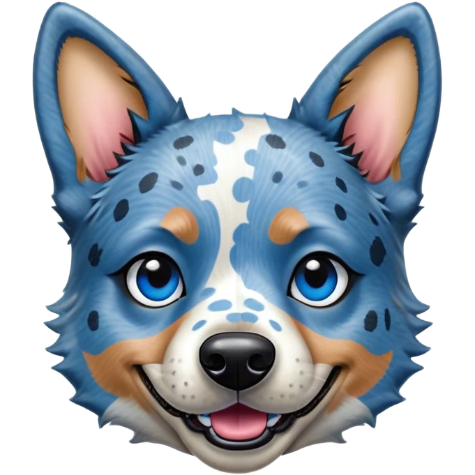 Cinematic Comical Blue Speckle Australian Cattle Dog Portrait Emoji, Head tilted dramatically with an exaggeratedly amused expression, featuring a striking blue speckle Fur with bold patterns, wide, expressive blue eyes filled with playful disbelief, Simplified yet hilariously expressive features, highly detailed, glowing with a slightly sassy glow, high shine, dramatic yet playful, stylized with an air of cheeky charm, bright and endearing, soft glowing outline, capturing the essence of a spirited and over-the-top herder, so meme-worthy it feels like it could side-eye its way into internet fame instantly! emoji