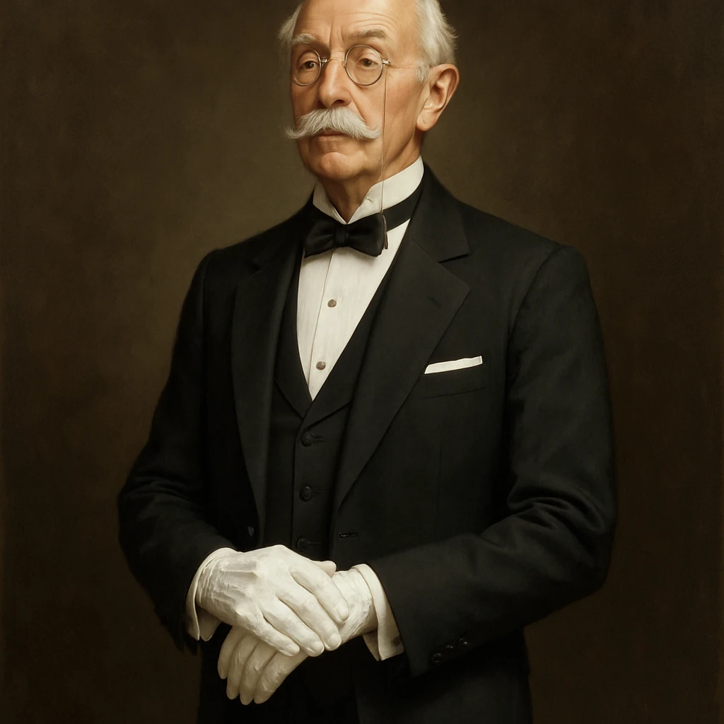 a sophisticated butler, monocle, tuxedo, white gloves, standing with perfect posture, elegant and formal, classic butler style emoji