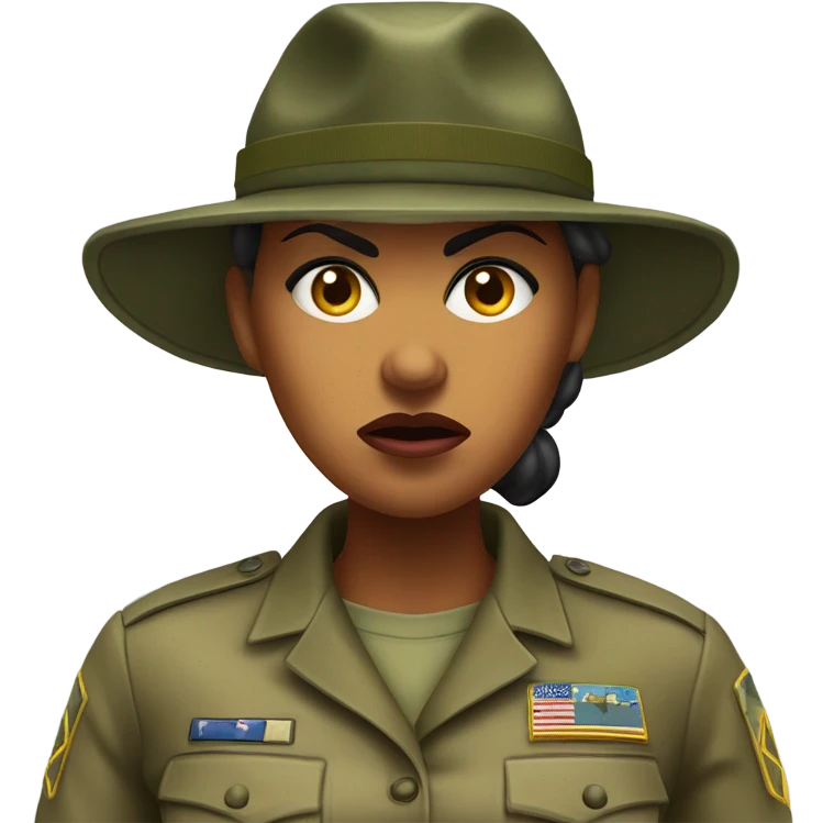 a female drill sergeant character wearing a classic sergeant hat and a camouflage army shirt. The character should have an angry intense expression. full torso emoji