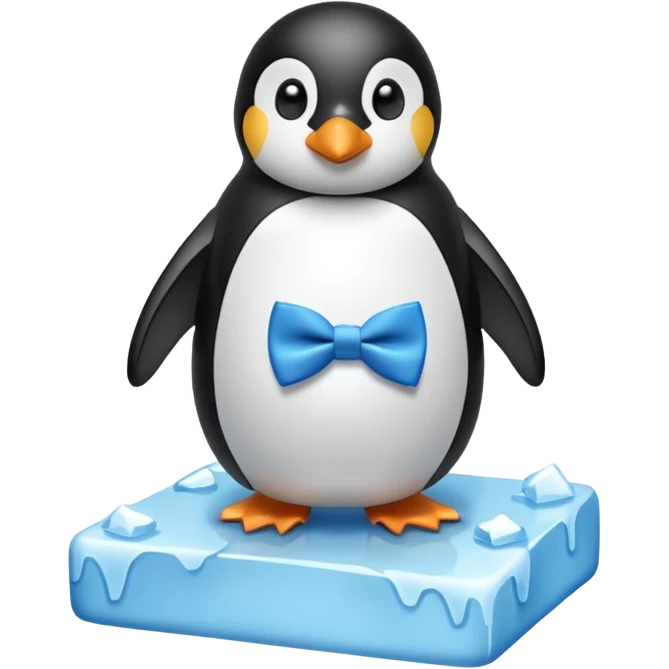 penguin, blue bow tie, standing on small ice melting block emoji