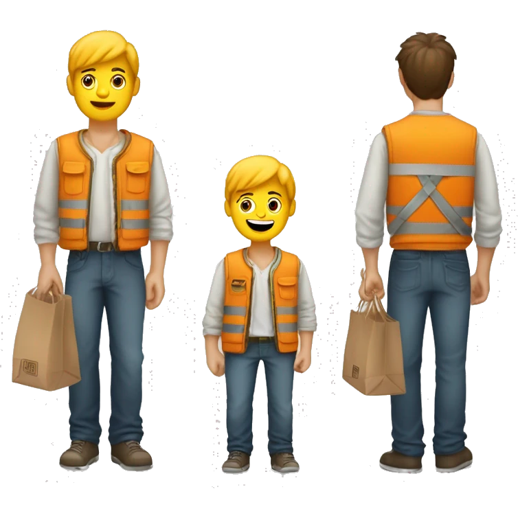Ragazzo che lavora da amazon con pettorina gialla e un pacco di amazon in mano emoji