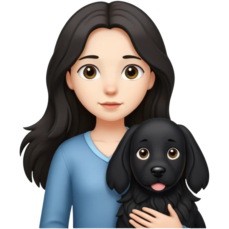 A long-haired girl is holding a big black dog with standing ears emoji