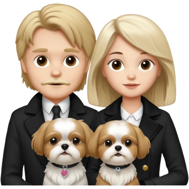 A couple boy with nice hair  and beautiful girl with long dark blond hair and with two shih tzu dogs with  black and white coat emoji
