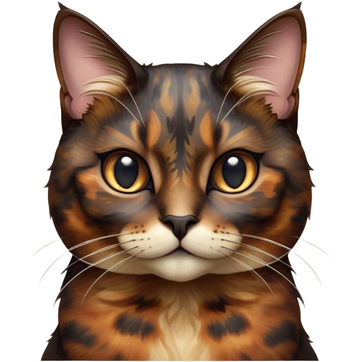 Cinematic Noble Tortoiseshell Cat Portrait Emoji, Poised and dignified, showcasing a luxurious, mottled fur of rich browns and blacks, with elegantly arched whiskers and a determined yet gentle expression, simplified yet meticulously detailed, glowing with a subtle, regal radiance, high shine, embodying quiet nobility and refined charm, soft glowing outline, capturing the essence of a sophisticated tortoiseshell cat exuding quiet authority! emoji
