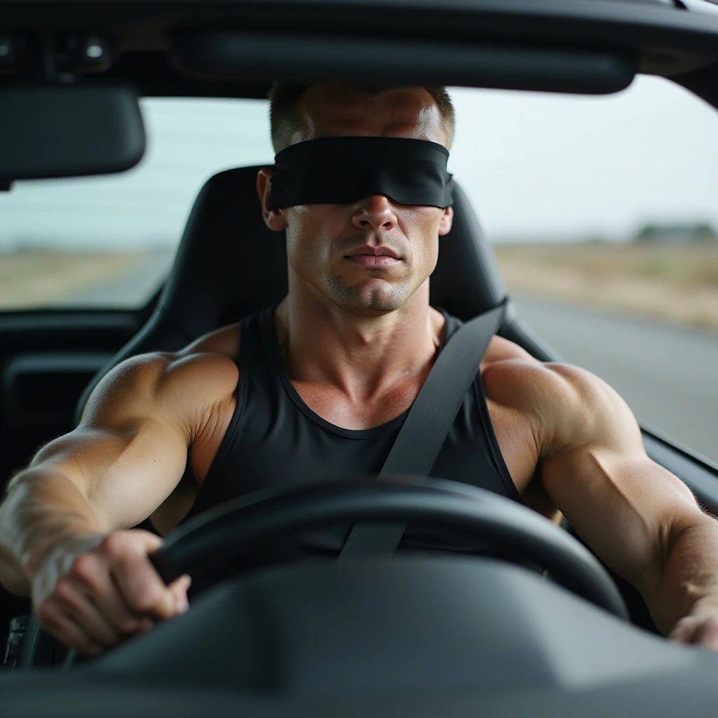 realistic young muscular bodybuilder with black blindfold eyes, driving a sports car, serious expression, risk and recklessness atmosphere, sporty clothing, road background, 4K quality emoji
