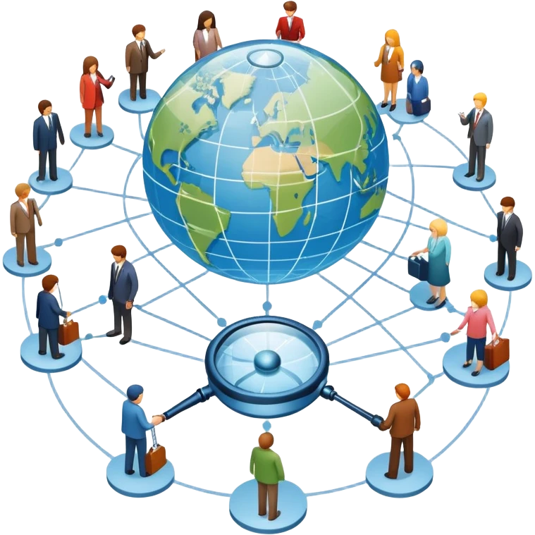 An icon featuring a group of people, a network diagram, and a magnifying glass, symbolizing sociology. The design includes a globe and interconnected lines, representing social structures and relationships. Transparent background highlights the study of societies and human behavior. emoji