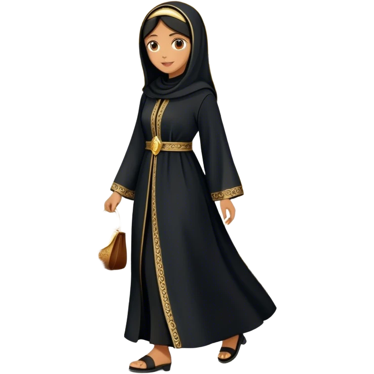 Middle Eastern cultural scene, featuring a young woman dressed in a traditional black abaya with gold accents, walking out of an old-style handcrafted shoe shop. emoji