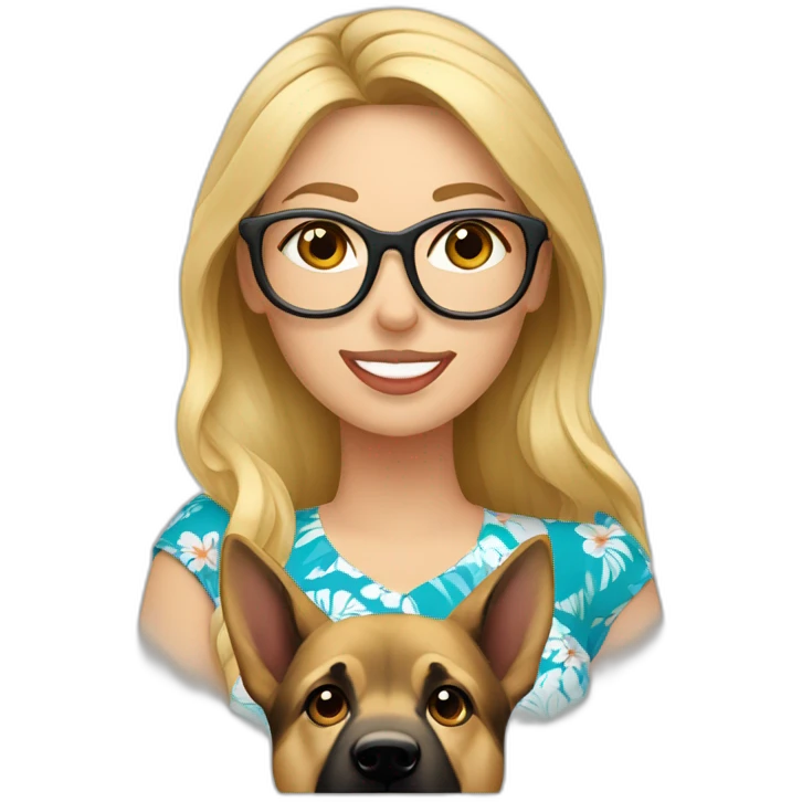 blonde caucasian woman wearing glasses in hawaiian shirt with german shepherd emoji
