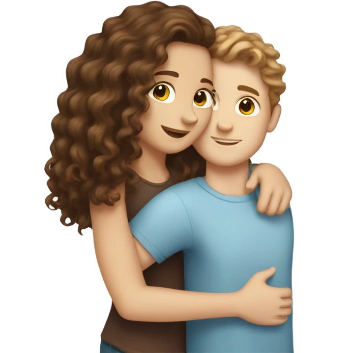 white girl with brown long curly hair and white boy with brown short curly hair hugging emoji