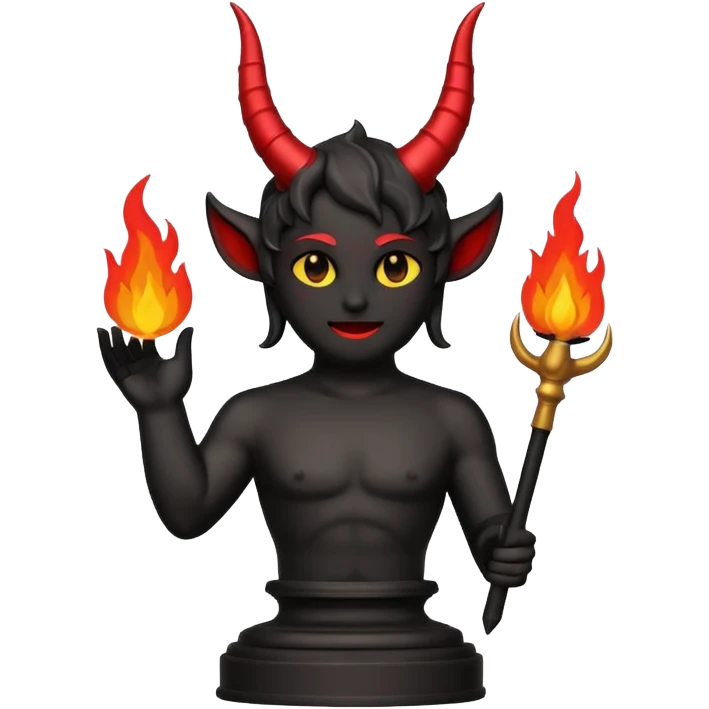 Minimalist emoji-style sticker of an Oscar-like statue with horns and fire at the base, thick black and red colors, silhouette style emoji