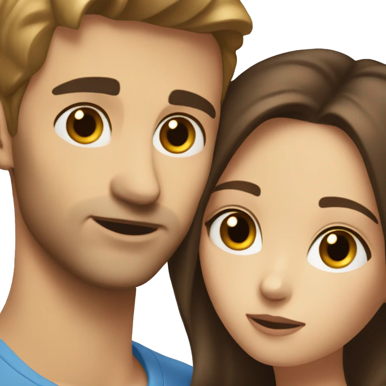 caucasian brunette couple hugging brown and blue eyes emoji