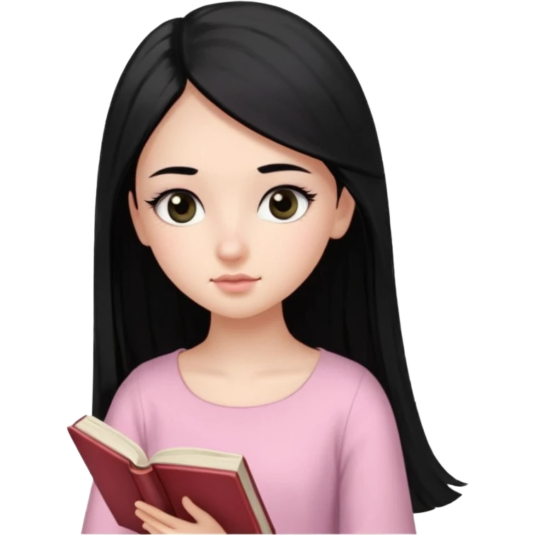 Cabelos pretos longos lisos ,olhos pretos puxadinho para cima com cílios grandes Pele clara ,nariz pequeno ,lábios mais carnudos ,adolescente 16 anos , com vestido de rosa claro ,lendo um livro. emoji