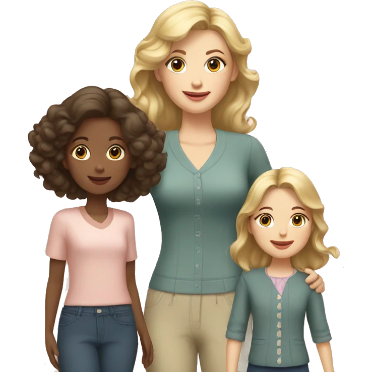 Mom with dark blond hair and vintage clothes with two daughters with light blonde and dark blonde hair emoji