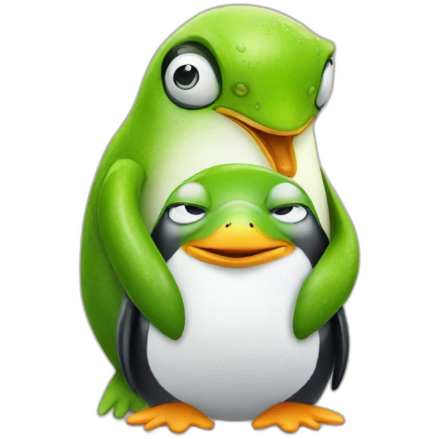 Penguin and a frog hugging  emoji