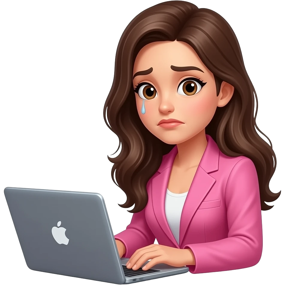 brunette woman wearing pink blazer working on laptop making a sick face emoji
