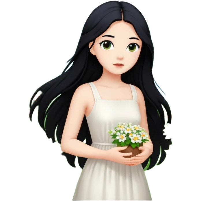 crea un chica blanca con cabello negro largo bonita vestida de blanco conectando con la naturaleza rodeada de flores  emoji