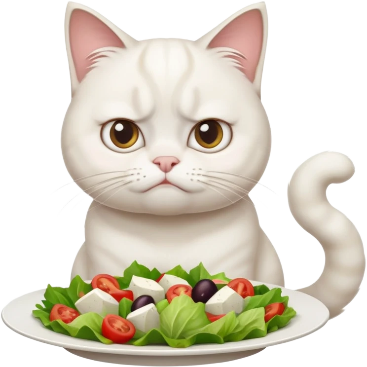 grumpy white cat sitting at a table, looking confused with its ears slightly back. In front of the cat is a plate with a salad emoji