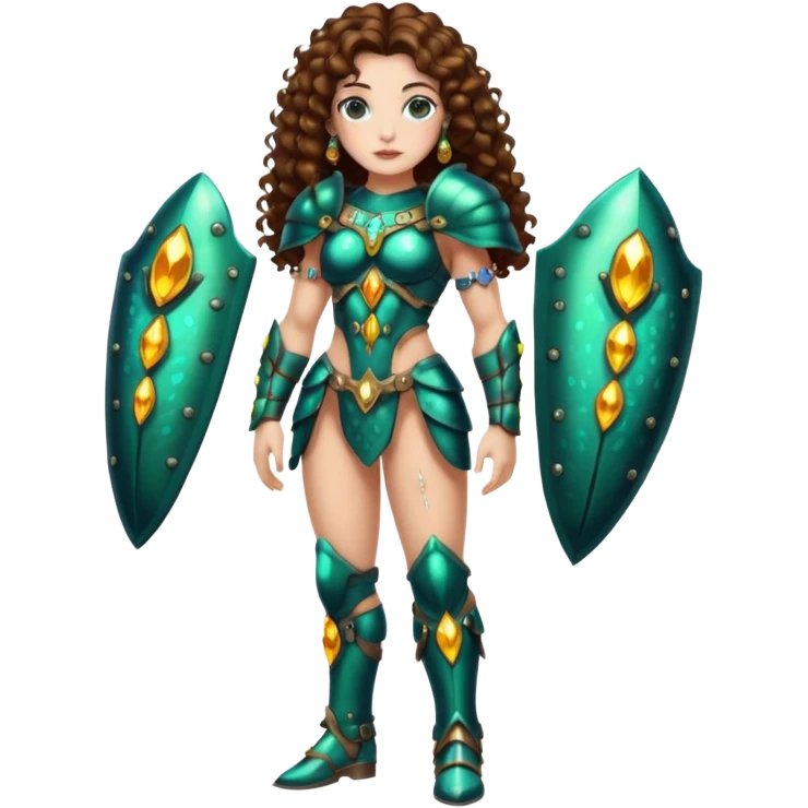 full body woman long curly brown hair brown eyes white skin tattoos muscular build covered in jewel beetle armor pieces emoji