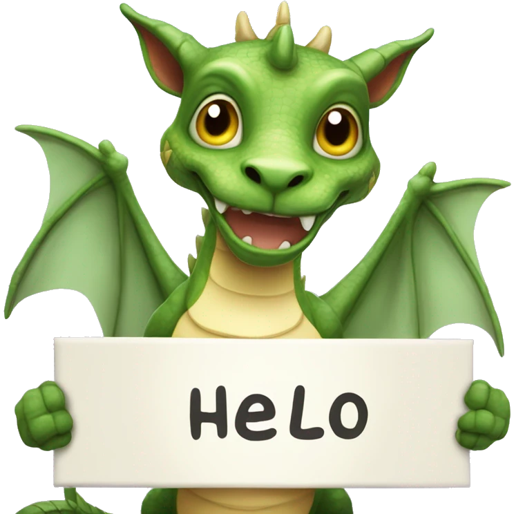  An adorable, mythical creature (a mix of a dragon and a cat)  It's looking up with big, shiny eyes, holding board SAYING HELLO with a welcoming smile emoji
