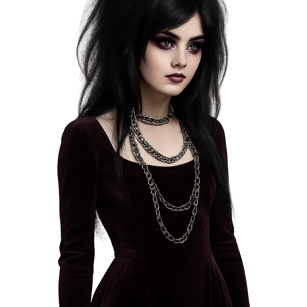 emo girl with velvet dress, silver chains, purple eyeshadow, mysterious and elegant emoji