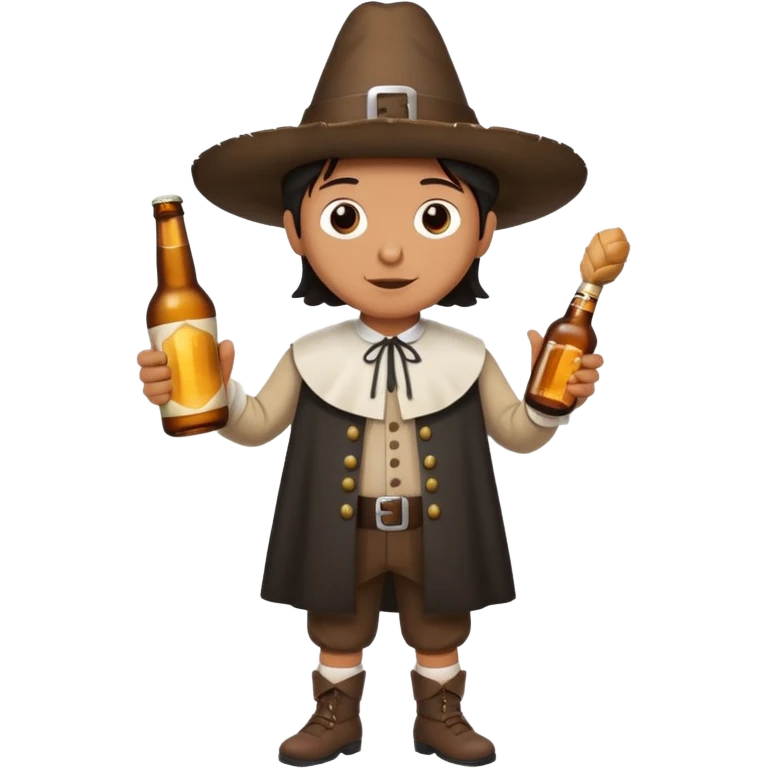 Mexican mandressesd as  pilgram Thanksgiving holding a Turkey drumstick and a bottle beer emoji