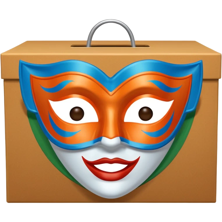 a box and a carnival mask in orange, blue and green on top of it , trying to make a carnival pack emoji