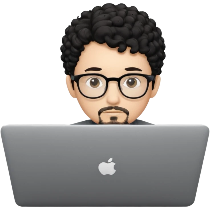 A young boy DEVELOPER WITH A laptop, black curly short hair, wearing glasses, a thin goatee, his skin is white emoji