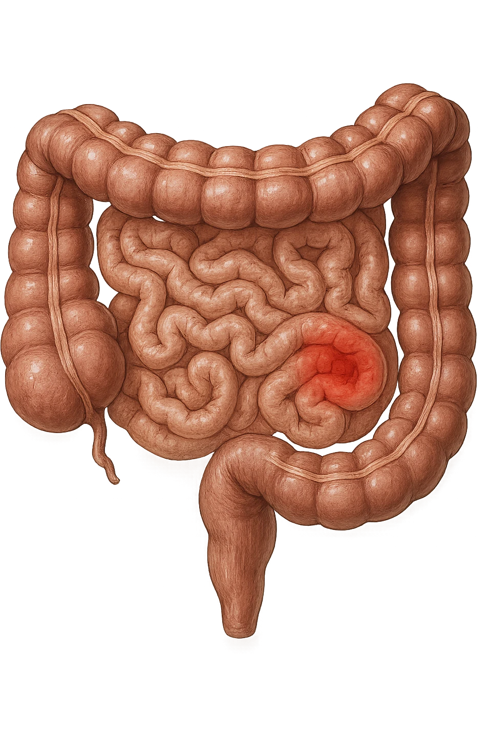 intestino anatomico realistico con red spot di infiammazione emoji
