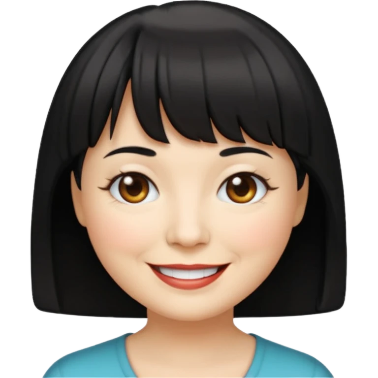 Illustrated emoji of a middle aged woman with short black hair and bangs, white skin and dark eyes emoji