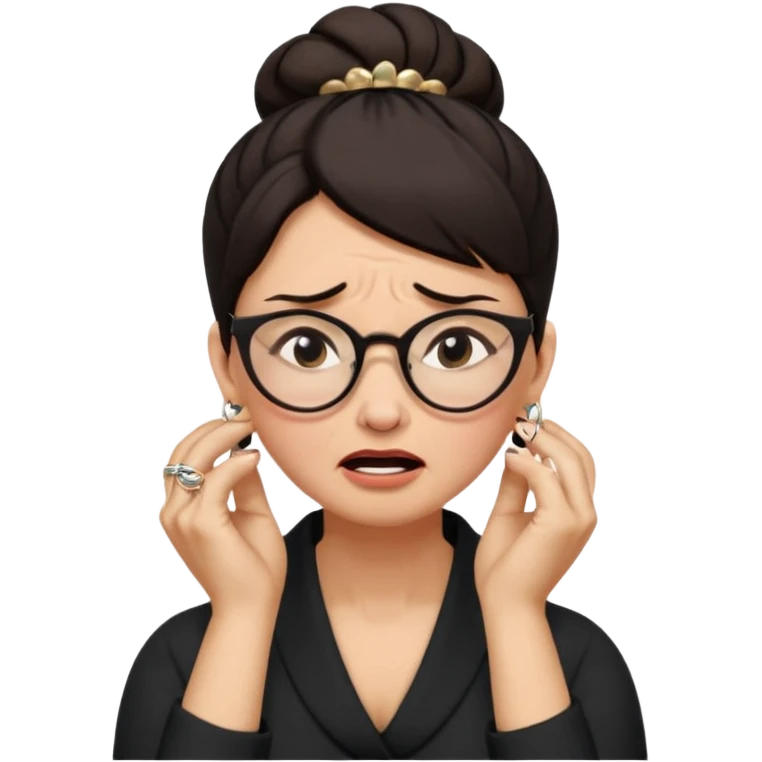  middle aged woman with dark hair pulled up in a high bun, wearing round ring earrings and glasses with a very painful expression on her face, eyes squeeed shut, wincing in pain,covering her ears with her hands, trying to not hear a terrible singer who is too loud and out of tune.  emoji