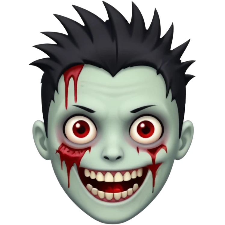 zombie boy with emo spiky hair, white skin, and white eyes; an open smile, and bloodied teeth; emoji