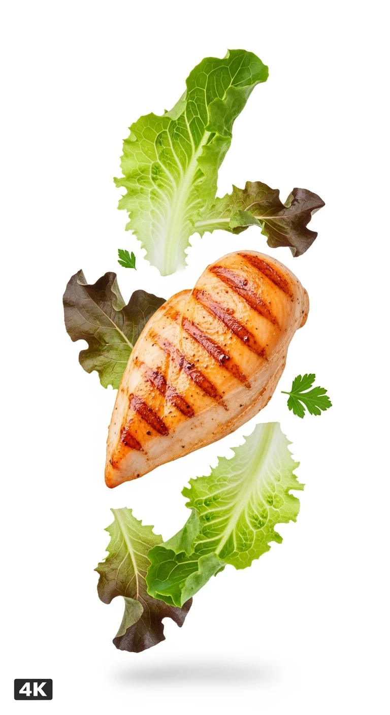 foglie di insalata fluttuano in aria insieme a petto di pollo grigliato, iperrealistico 4k, ISOLATA SU SFONDO BIANCO emoji
