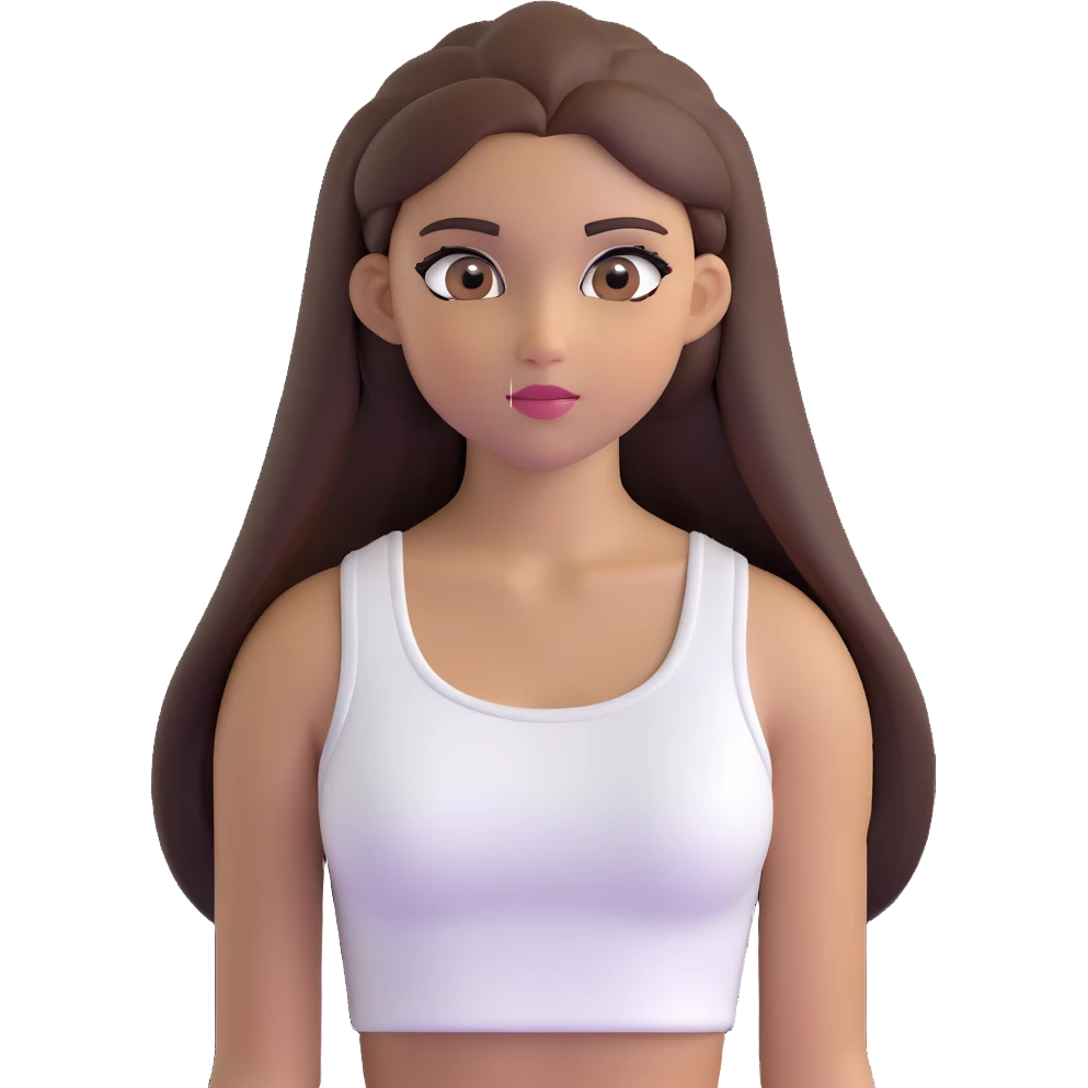 beautiful girl, long straight brown hair, brown eyes with lashes, wearing a white crop top, tan skin emoji