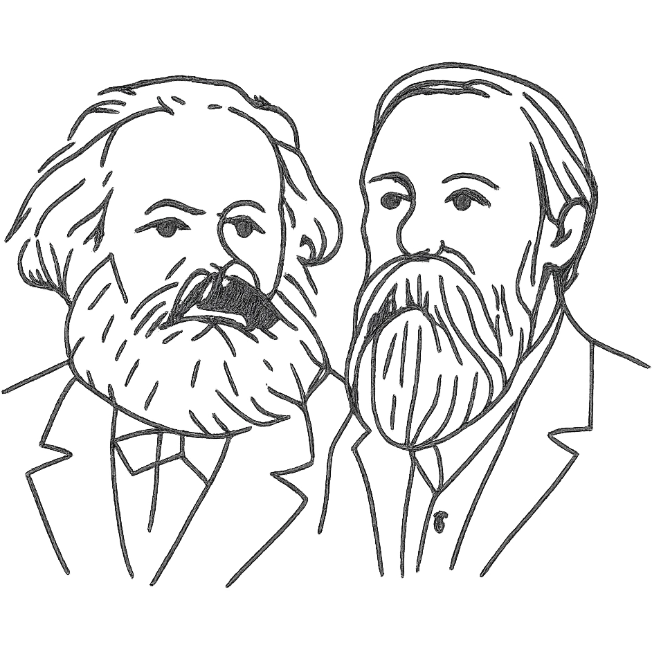 a black outline portrait of Karl Marx and Engels together based on a famous portrait of them, with eyes the same size emoji
