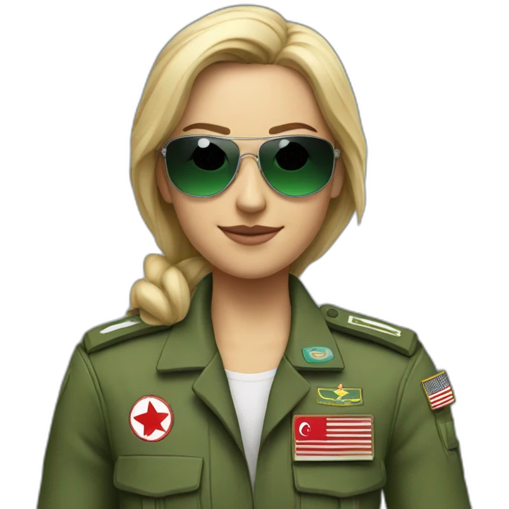 Blonde military Pilot with green uniform which is has a Turkish flag on right arm, pilot badge on chest, wearing sunglasses   emoji