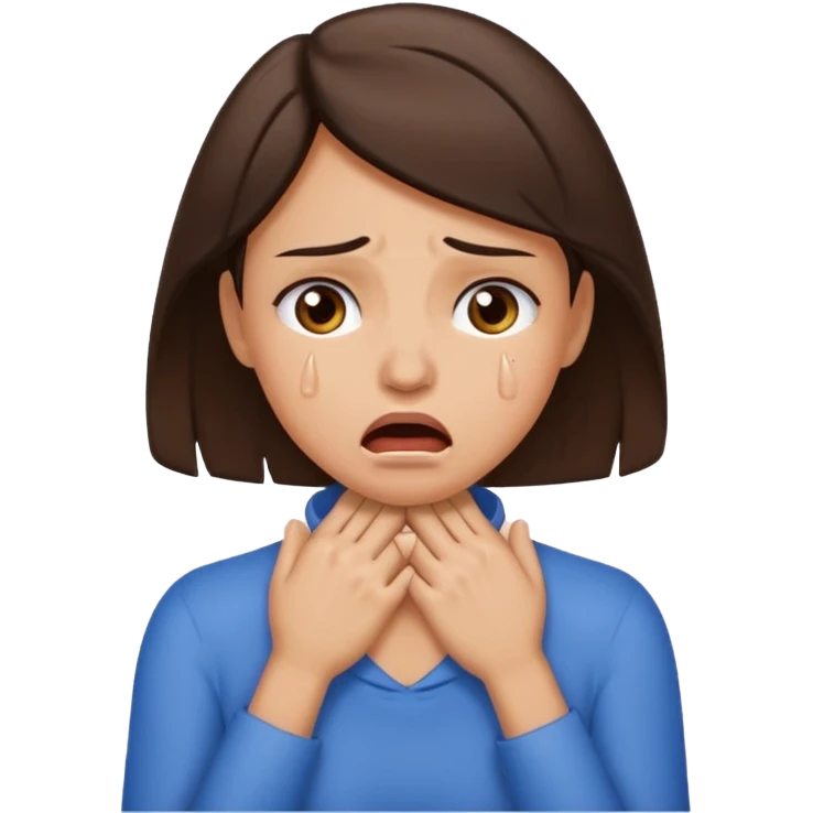 Stressed clenching face and mouth with hands choking the neck brunette female emoji