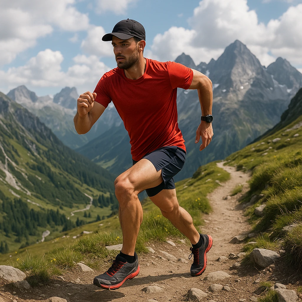 a mountain trail runner in a dynamic pose, outdoors, athletic, scenic background emoji