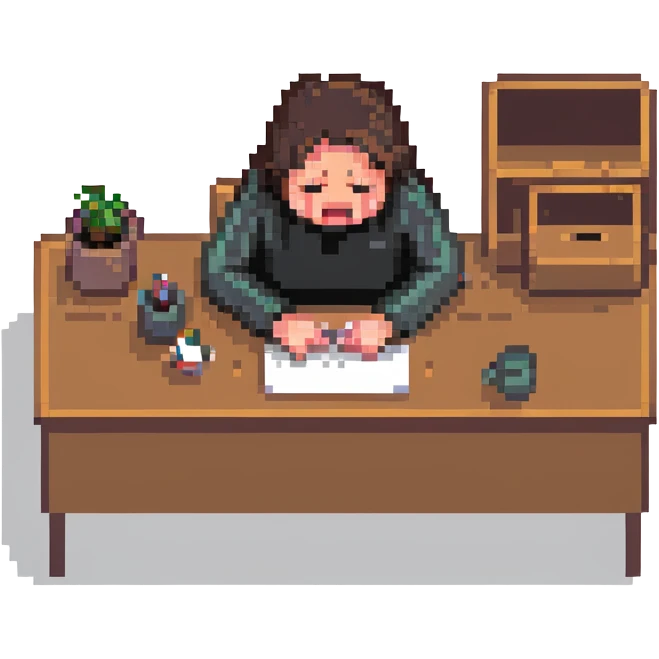 person sitting at a desk crying emoji