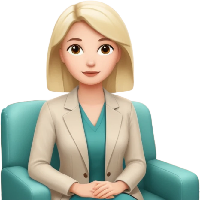 A professional female psychologist, friendly expression, sitting in a therapy office, modern and warm environment, neutral colors, realistic style, white background emoji