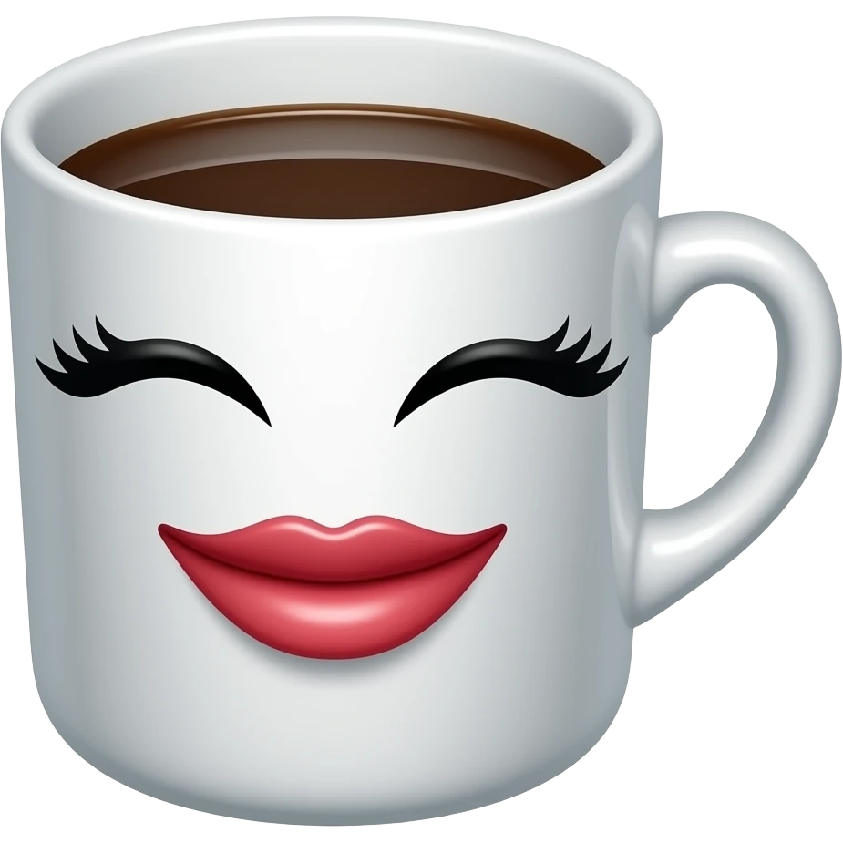smiling coffee cup with lash and full lips emoji