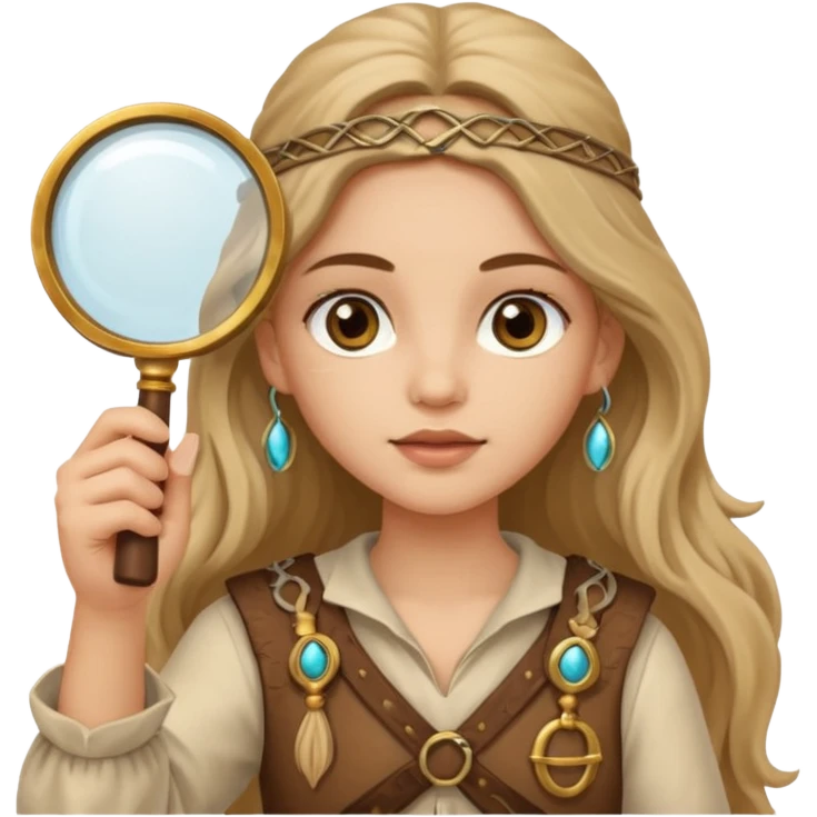 long haired girl in archaeological outfit, holding magnifying glass emoji