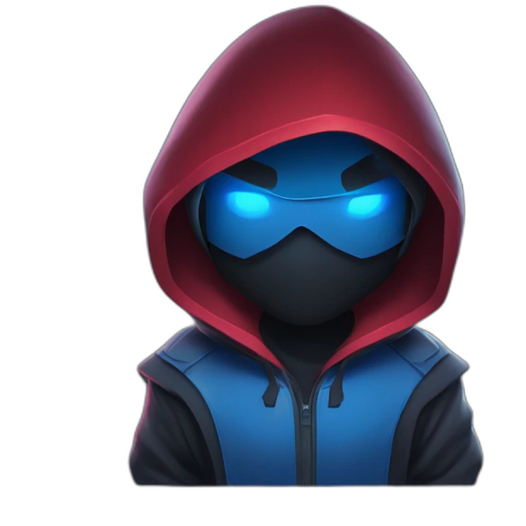 developer behind his laptop with this style : Riot Games Valorant dark red glowing bright blue character blue black hooded assassin themed character emoji