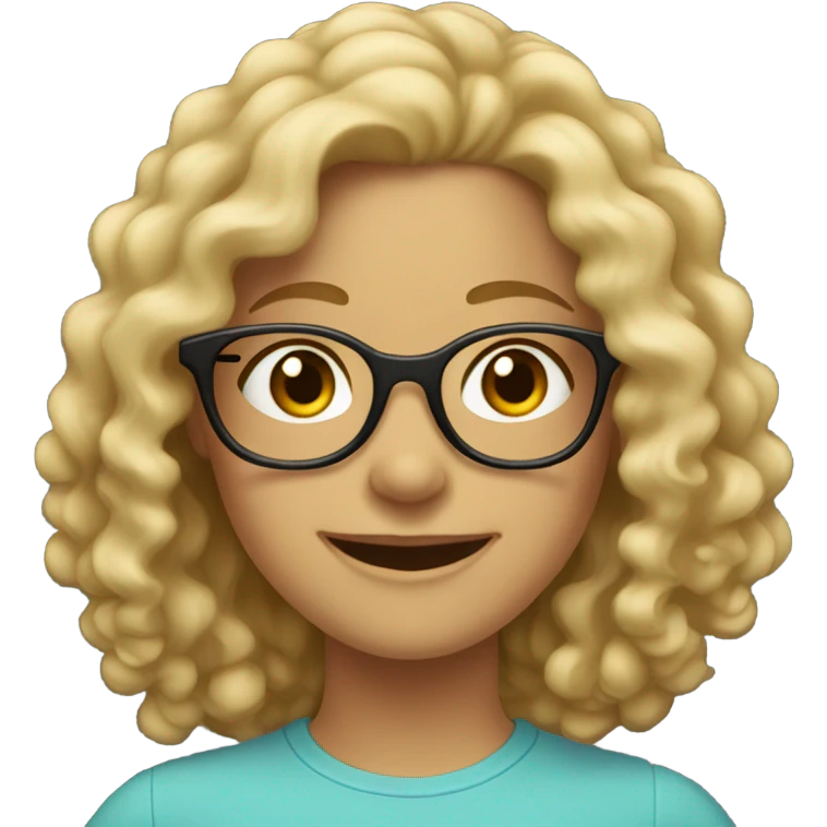 A blonde girl with curly hair up to her shoulders, wearing glasses, is smiling. emoji