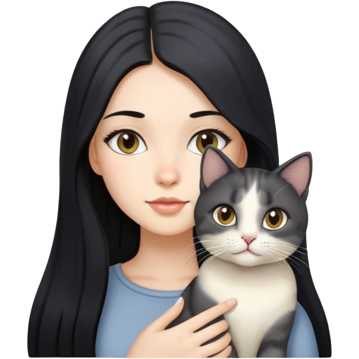 Beautiful girl with long black hair holding a gray and blonde mixed cat emoji