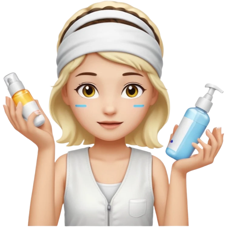 Clean girl aesthetic emoticons, apply skincare products, headband, glowing skin, white vest, soft lighting emoji