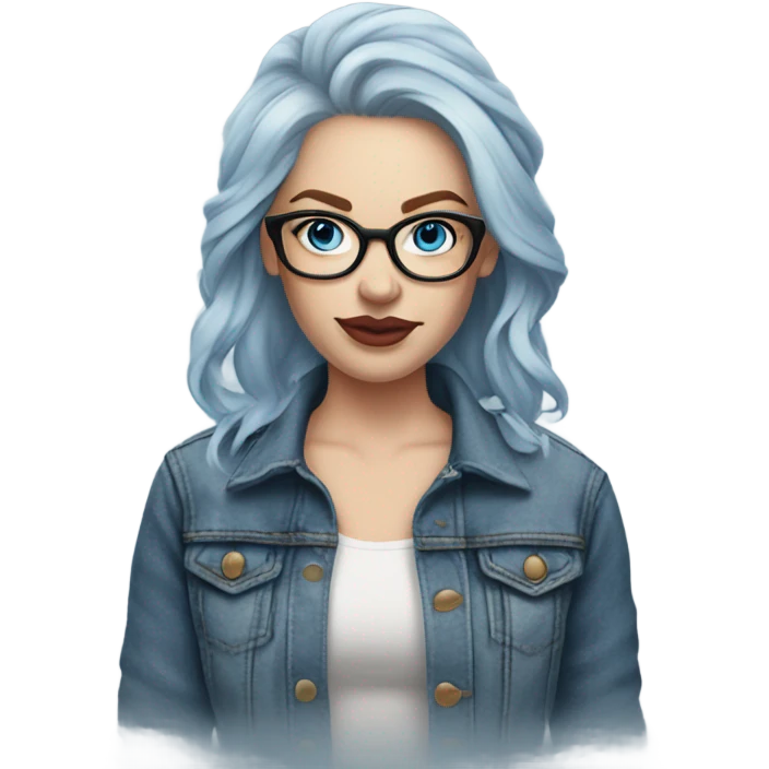 Hyper Realistic pale beautiful tattooed woman with glasses and blue eyes wearing denim jacket emoji