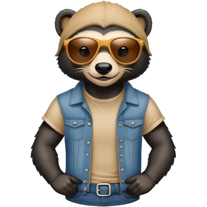 friendly anthropomorphised honey badger in jeans and a t-shirt, wearing sunglasses, head and shoulders portrait emoji