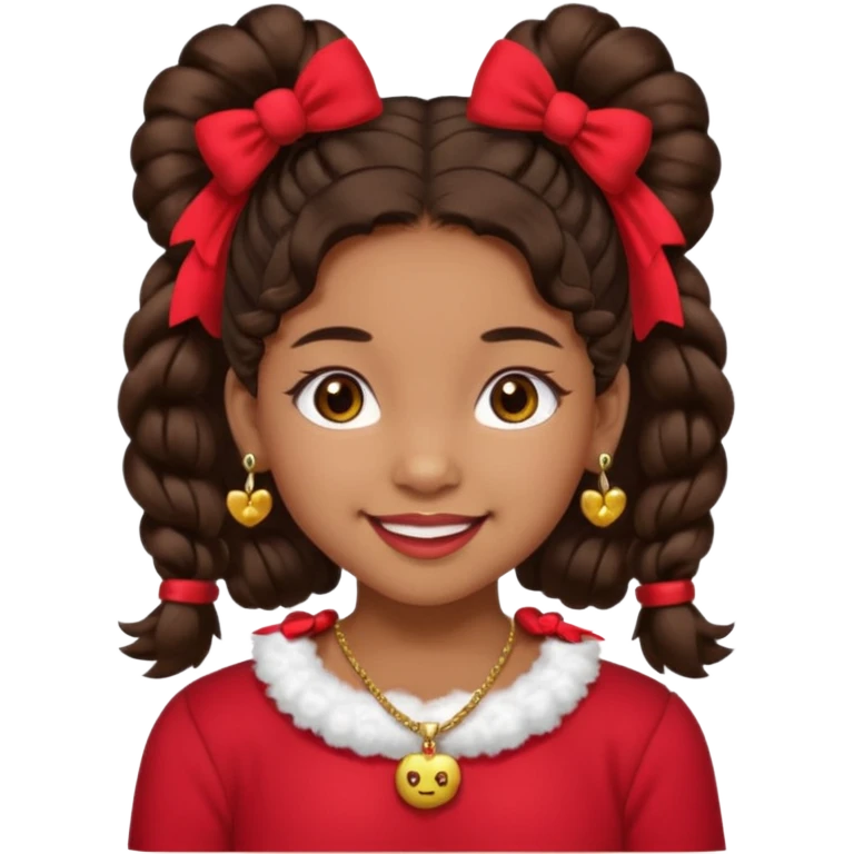Brownskin girl dark brown hair fluffy. pigtails with red bows brown eyes smiling closed mouth red shirt gold esrrings gold necklace emoji