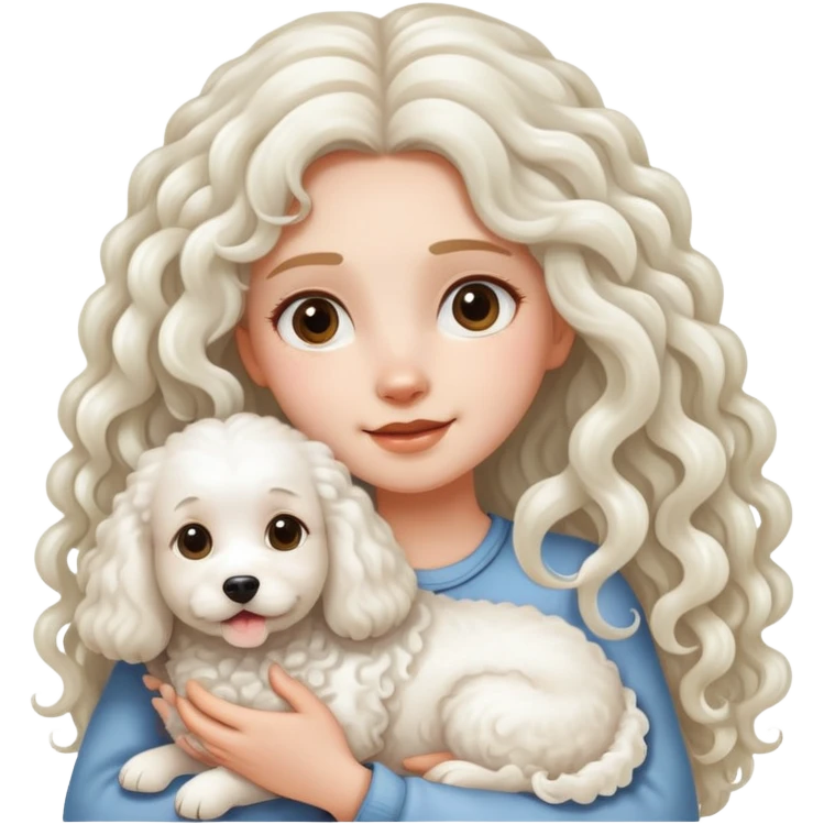 A long-haired girl is holding a big white curly dog emoji